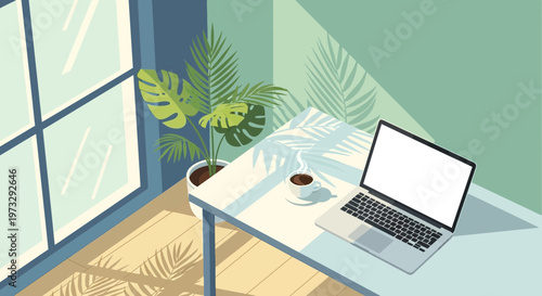 Minimalist workspace with laptop and coffee cup on a desk by a window