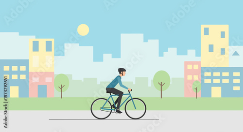 Man riding bicycle through city park on sunny day with buildings