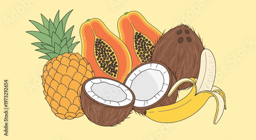 Colorful vector illustration of tropical fruits including pineapple, papaya, coconut, and banana