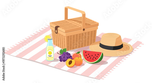 Vector illustration of a picnic setup with a wicker basket, hat, and fresh fruits on a striped blanket outdoors