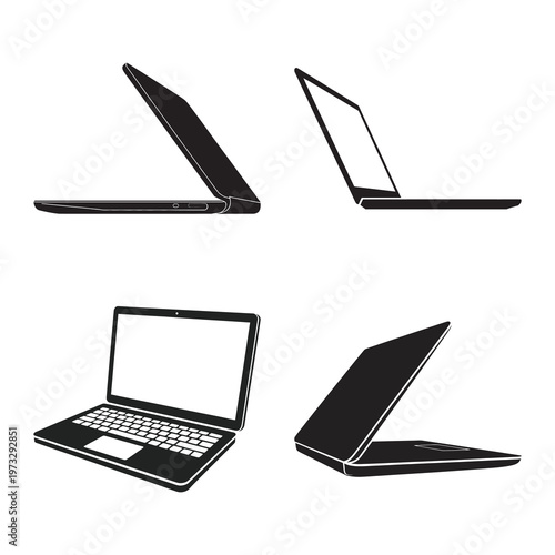 Collection of laptop silhouettes from different angles for computer.