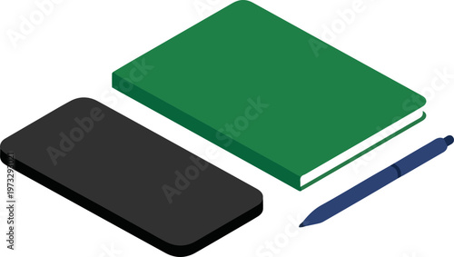 Isometric smartphone, notebook, and pen for productivity, business planning, and creative work organization concept illustration.