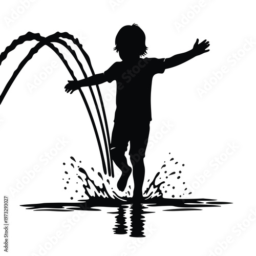 Silhouette of a boy splashing in water. Child playing in a puddle or fountain. Vector illustration of summer fun and childhood joy