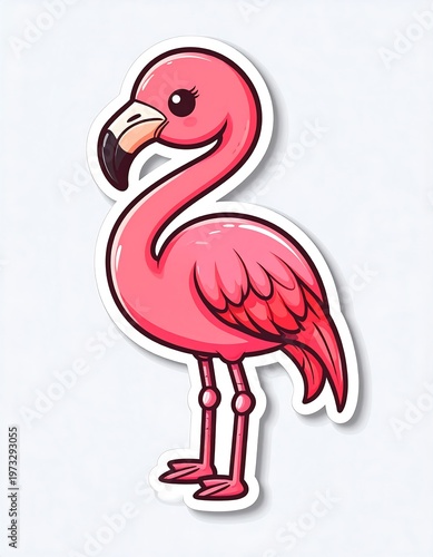 A vibrant, cartoonish depiction of a pink flamingo, with large eyes and a white outline, standing on a plain background. The artwork is bright and playful