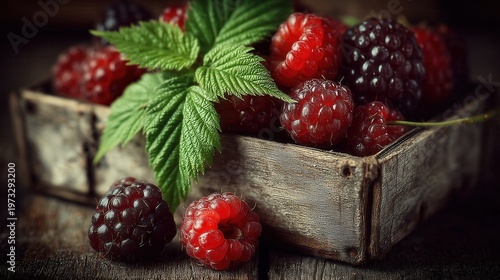 Fresh raspberries in a wooden basket on a dark surface
