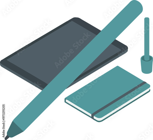 Isometric illustration of digital tablet with stylus pen and notebook for creative design and remote work