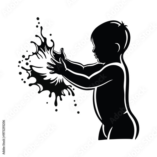 Baby splashing water. Playful bath time or water activity. Minimalist silhouette vector illustration