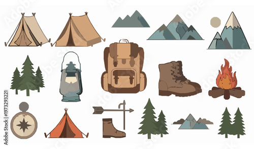 Vintage hiking and camping icons vector set