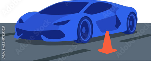 Dynamic perspective of a luxury blue car avoiding a road cone, symbolizing driving skill, obstacle course, or new driver training.