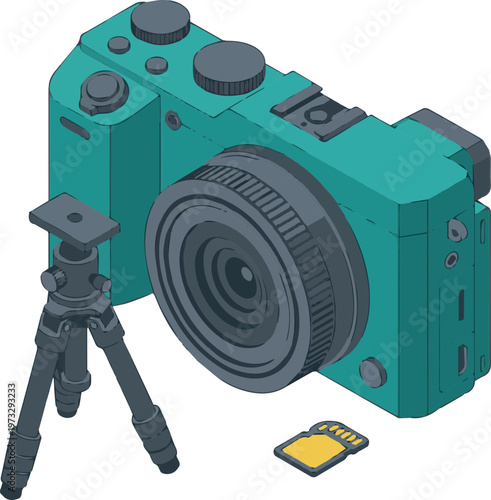 Modern isometric digital camera setup with tripod and sd card, representing photography gear and content creation tools.
