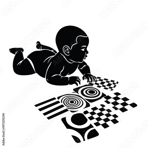 Baby playing with sensory stimulation cards. Early childhood development vector illustration. Black and white silhouette graphic isolated on transparent background