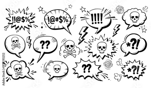 Hand-drawn comic speech bubbles and expressive icons vector set