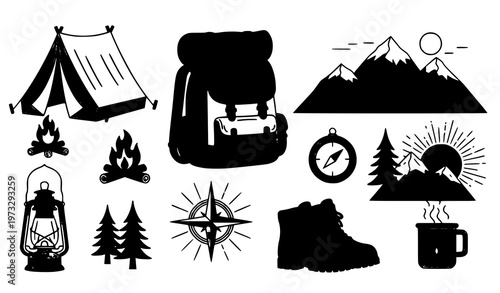 Vintage hiking & camping elements vector illustration set