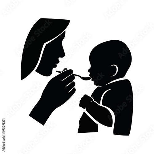 Parent feeding baby with a spoon. Infant nutrition and childcare vector illustration. Black and white silhouette graphic isolated on transparent background