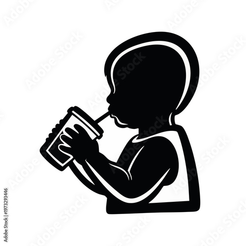 Silhouette of a baby drinking from a cup with a straw. Toddler or young child icon. Black vector graphic isolated on a transparent background