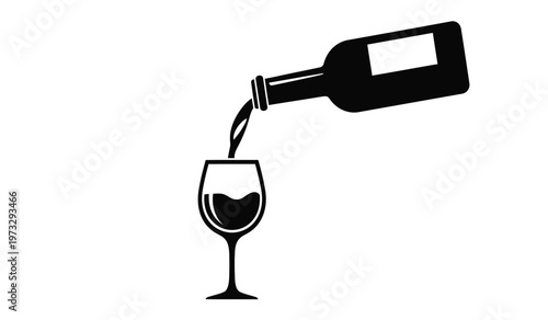 A striking black and white illustration depicts wine being poured from a bottle into a stemmed glass suggesting relaxation and enjoyment high quality professional