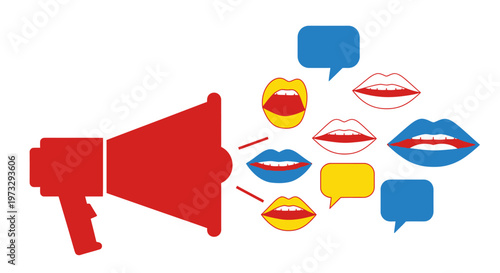 Megaphone and diverse mouths symbolizing communication and public speaking.