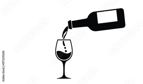 A minimalist black and white illustration depicts a bottle pouring its contents presumably wine into a stemmed glass high quality professional detailed modern elegant