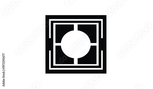 This stark black and white image features a central white circle framed by a series of nested black squares and linear elements creating a symmetrical