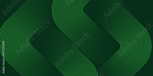 Abstract green background with glowing geometric lines. Modern gradient rounded square lines pattern. Futuristic concept.