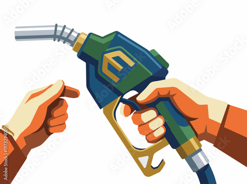 An illustration showcasing a fuel pump being handed to a user, symbolizing energy consumption and modern fuel technology within the context of evolving transportation solutions.