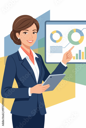 This professional illustration shows a confident businesswoman presenting data analytics, emphasizing the importance of insights and strategic decision-making in a modern workspace.