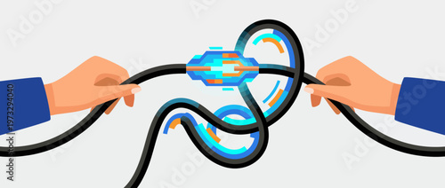 The image shows hands untangling wires with a central glowing connection, symbolizing the merging of technology and human effort in an abstract representation of collaboration.