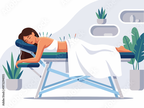 A peaceful acupuncture session depicted with a woman lying comfortably on a massage table, surrounded by soothing greenery that enhances relaxation and tranquility.