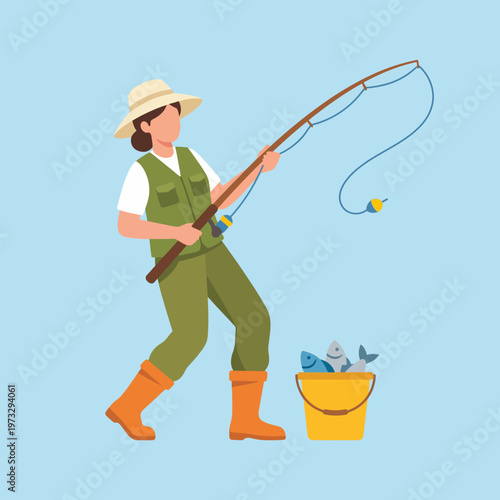 An engaging scene of a woman fishing outdoors, showcasing her skill and the joy of catching fish with an idyllic bucket positioned nearby, embodying leisure and nature.