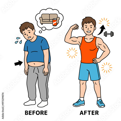 The image illustrates a physical transformation, showcasing a person moving from an unfit state to a fit state, symbolizing the journey of personal health and fitness improvement.