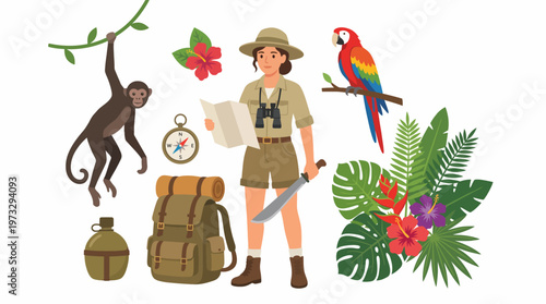 An illustration showcasing a female explorer in a tropical jungle, emphasizing adventure elements like wildlife, flora, and gear essential for an exciting journey in nature.