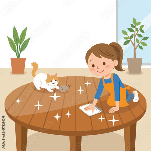 This charming illustration depicts a child joyfully cleaning a wooden table while accompanied by a playful cat and a toy mouse, highlighting innocence and the joy of tidying.