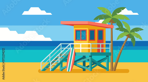 A picturesque beach scene featuring a colorful lifeguard tower, surrounded by sand, palm trees, and the ocean, evoking feelings of summer, relaxation, and coastal fun.