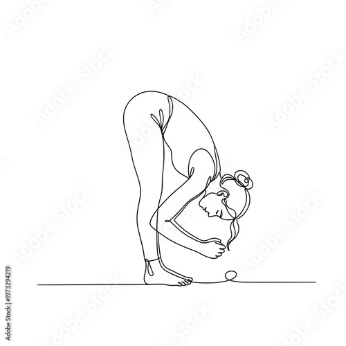 A person doing yoga stretching at home, continuous doodle line art, one line drawing
