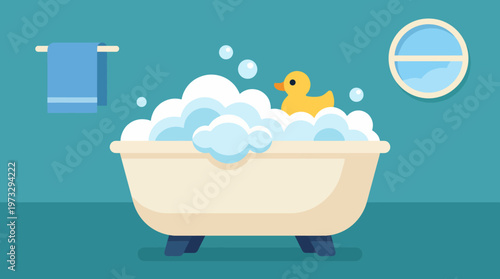 This playful illustration features a yellow rubber duck in a bubble-filled bathtub, evoking joy and relaxation associated with personal care activities and self-care time.