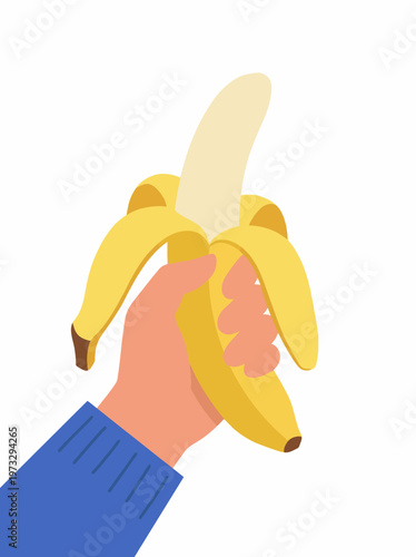 A hand holding a ripe banana against a minimalist background, highlighting the simplicity and natural beauty of the fruit, symbolizing health and nutrition.