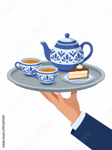 An elegant tea set complete with teapot, cups, and a piece of cake, resting on a silver tray, symbolizing hospitality and refined taste in a delightful presentation.