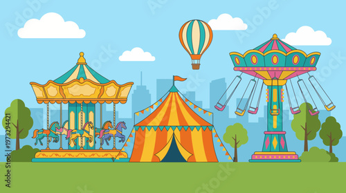 This colorful illustration captures the essence of a lively funfair, showcasing attractions like a carousel and carnival tent, perfectly embodying joy, excitement, and community fun.