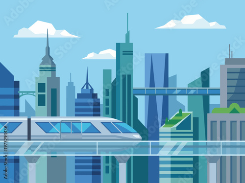 A stunning illustration of a futuristic city showcasing sleek skyscrapers and a high-speed train on elevated tracks, representing progress in urban development and transportation.