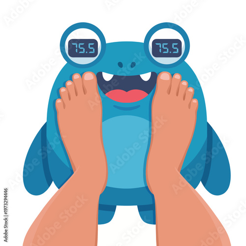 A quirky blue scale in the shape of a friendly creature playfully shows the weight, indicating a fun approach to measuring as a laughing experience for kids.