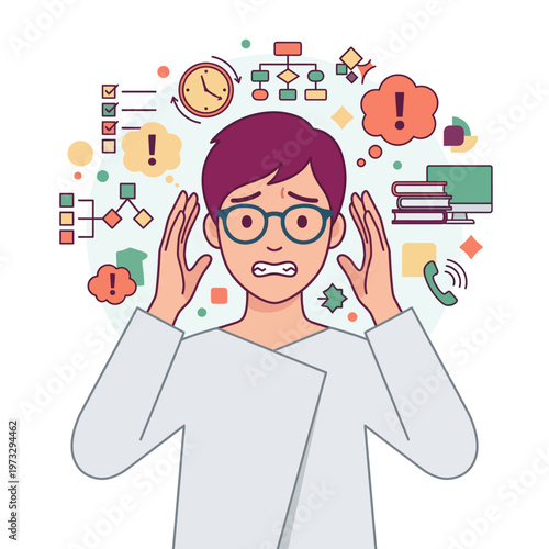 A young person appears overwhelmed, expressing anxiety and stress amidst various abstract representations, highlighting modern life's complexities and pressures.