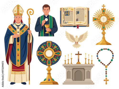 Obraz na plátně An array of significant religious symbols, including a priest and sacred objects, represents faith and spirituality in a vibrant visual display of devotion and belief
