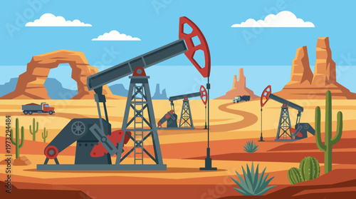 This illustration features oil pump jacks working in a desert landscape, highlighting the intersection of nature and industrial energy extraction in arid environments.