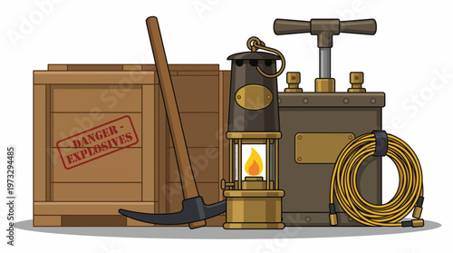 This illustration showcases mining equipment alongside crates labeled 'Danger Explosives', emphasizing safety and caution in logistics involving hazardous materials.