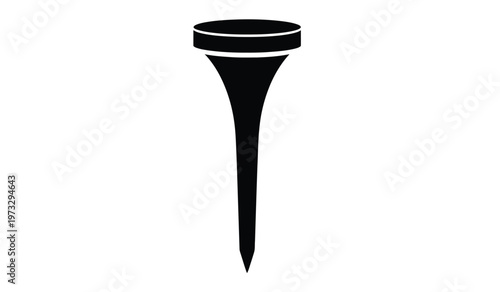 This is a stark black and white silhouette of a golf tee a small peg like object used to elevate a golf ball for the