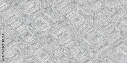 A seamless pattern of translucent, geometric shapes resembling clear ice, cut glass, or a textured polymer surface, creating a modern, abstract background.