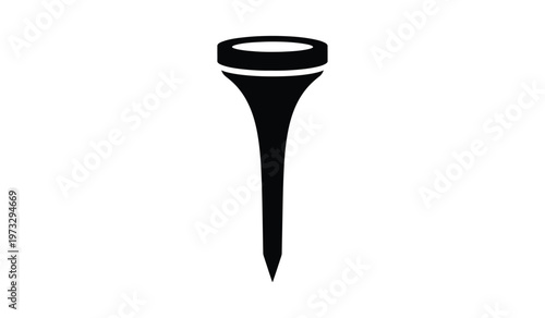 A minimalist black and white illustration depicts a golf tee a small peg used to elevate a golf ball for the initial tee shot