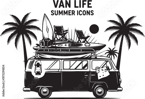 Van life summer icons, travel vector graphics, palm tree illustrations, surfboard on van