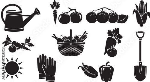 Garden icons, gardening symbols, vegetable illustrations, black and white graphics