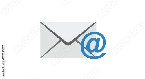 A clean white paper envelope features a prominent blue at-symbol positioned on the right side for modern electronic mail and digital contact purposes.